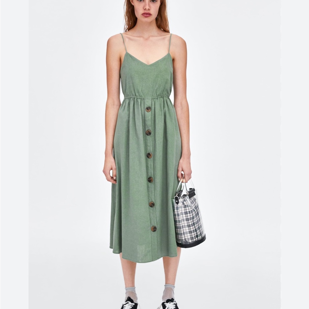 Zara TRF Collection Moss Green Linen Midi Dress Small